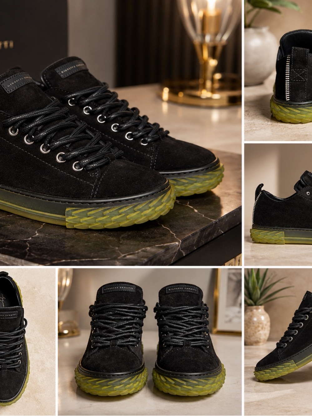 Giuseppe Zanotti 38.5Black Suede Sneakers with Lime Green Translucent Sole - Picture 2 of 7